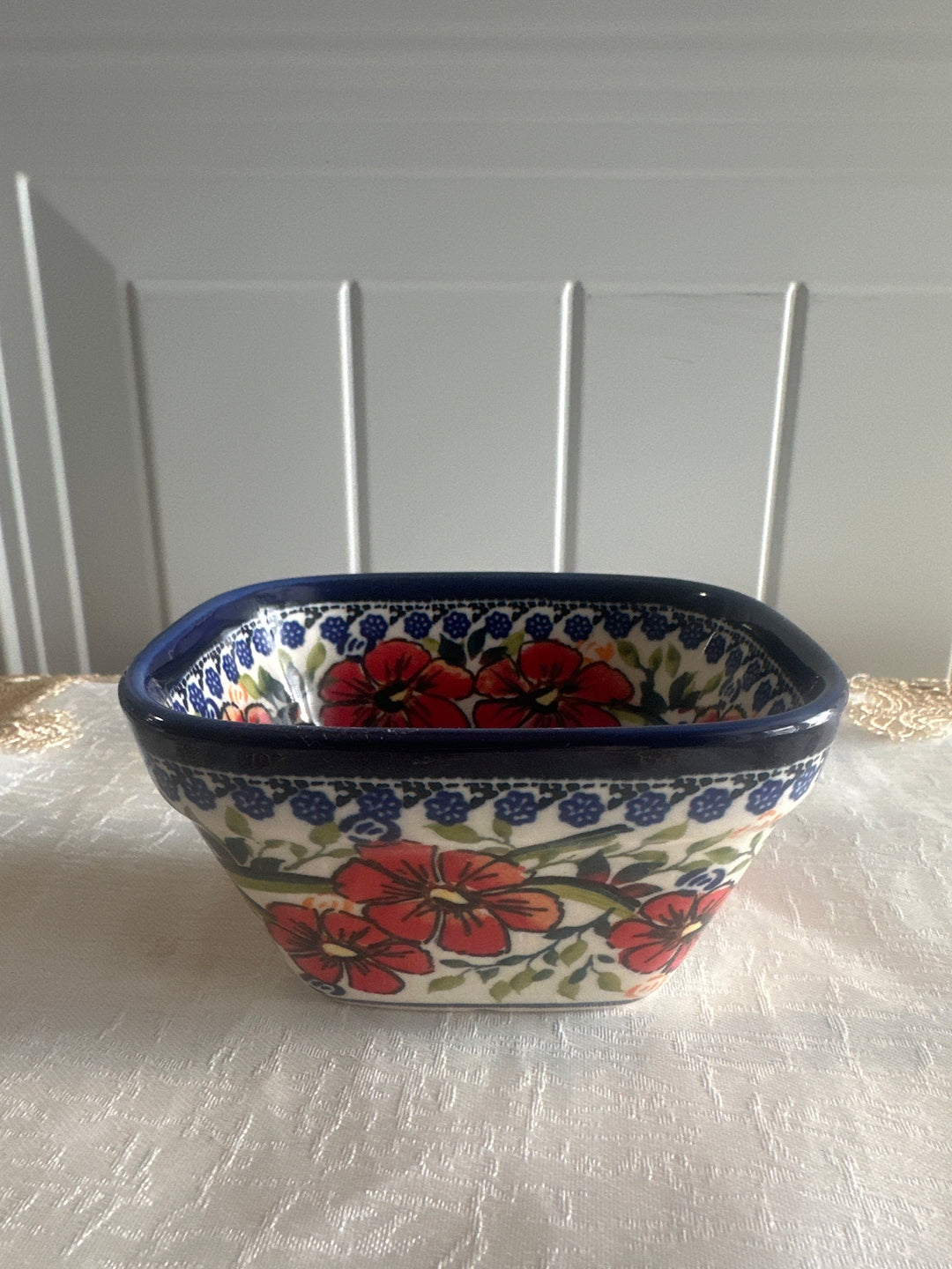 Handmade Polish Pottery Jungle Flower Deep Bowl - 12" Diameter With Handles